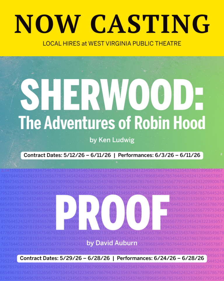 NOW CASTING poster for West Virginia Public Theatre featuring "Sherwood: The Adventures of Robin Hood" by Ken Ludwig and "Proof" by David Auburn, with contract and performance dates listed for both shows.