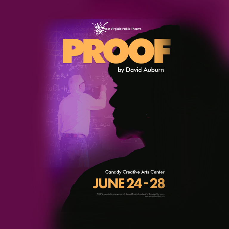 A poster for "PROOF" by David Auburn shows a man writing math equations on a chalkboard and the silhouette of a woman's face, with show dates June 24-28 at Canady Creative Arts Center.